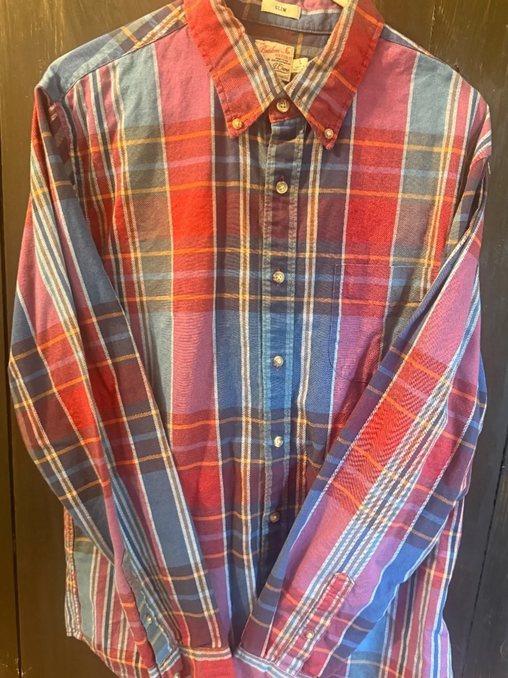J Crew Broken In Oxford Organic Cotton SlimMens Shirt Sz L red and blue plaid